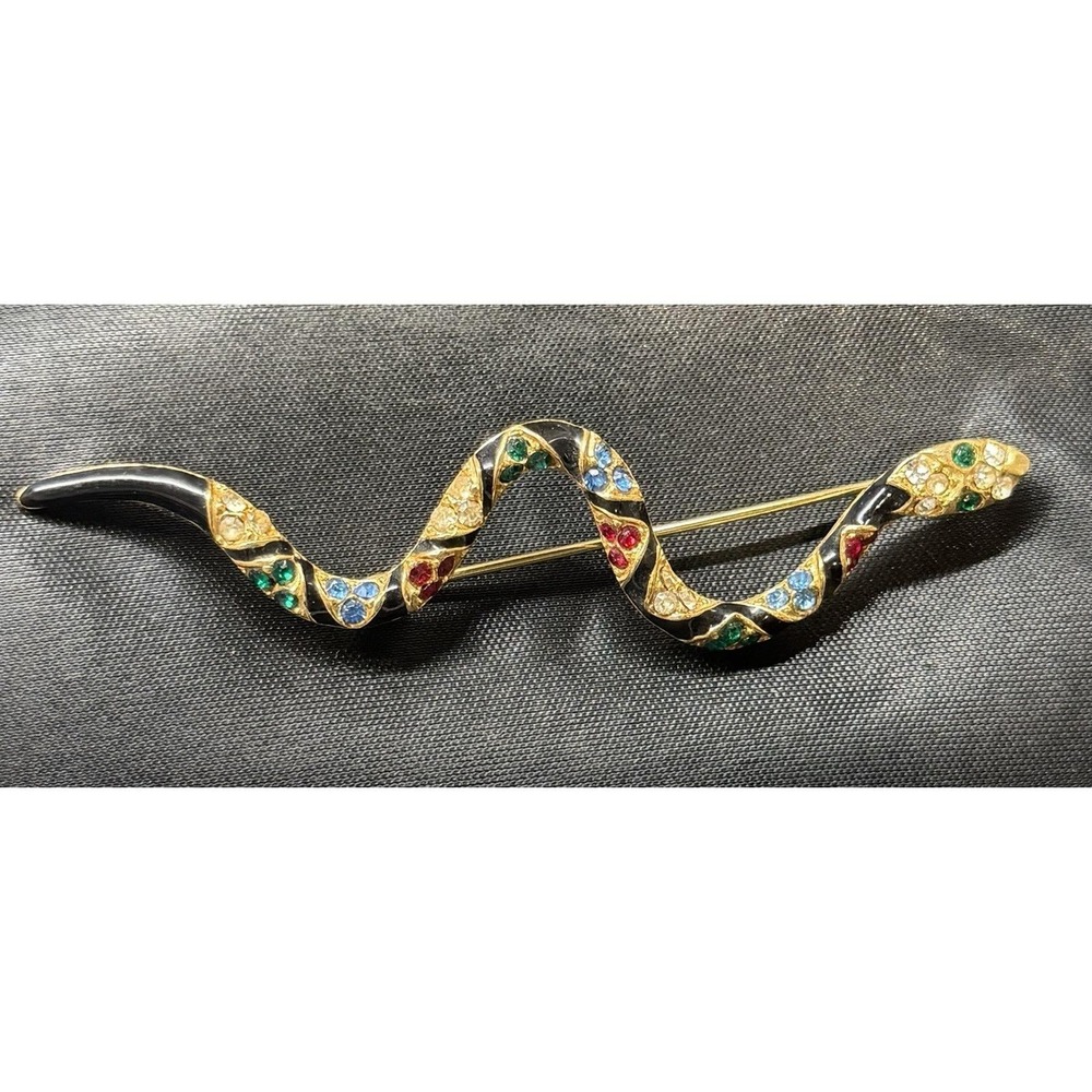 VTG Snake Serpent Brooch Gold Tone Black Figural Multicolor Rhinestone 4.5" Pin